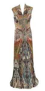 Unity World Women Dress Medium Brown Tan Beige V-neck Sleeveless Print - Picture 1 of 10