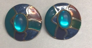 Vtg Gold Tone Enamel Statement Earrings Round Retro Artsy ColorsPierced READ - Picture 1 of 19