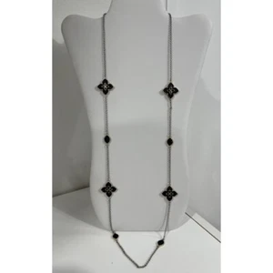 Long Station Necklace Black Clover Flower Druzy Pendant Chain Women's - Picture 1 of 5
