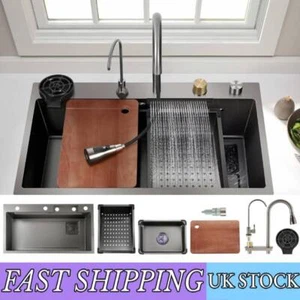 Grey Stainless Steel Drop In Kitchen Sink Set Large Bowl Inset Waterfall Tap UK - Picture 1 of 8