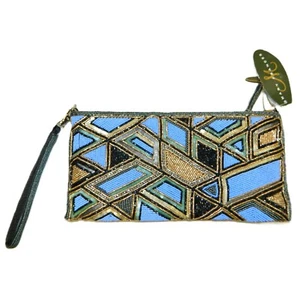 Mary Frances Perlentasche Geldbörse Trouble Maker Art Deco geometrisch blau schwarz gold - Bild 1 von 6