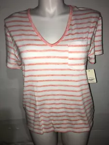 ana T Shirt Top Women's L White & Coral Striped V-Neck Short Sleeve V Neck NWT - Picture 1 of 6