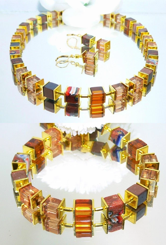 Schmuckset Halskette Ohrringe Perlen Würfel gold sand braun honig topas 092s - Bild 1 von 1