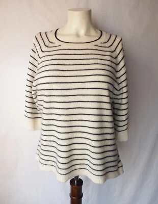 Lilla P 100% Cashmere Raglan Sweater Jumper Half Sleeve Ivory Black Stripe XL - Image 1 of 4