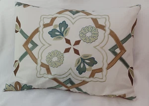 Handmade Designer ITALIAN TRELLIS Feather Pillow, Embroidered Linen, White/Green - Picture 1 of 6