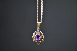 Vintage 9ct Gold Amethyst Pendant on PL-18k Gold Chain - Picture 1 of 4