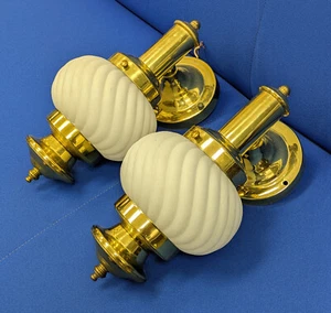 Lacquered Brass Sconce Pair, Twirl Milk Glass shades, 12" tall, E26 Bulb Socket - Picture 1 of 10