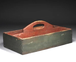 Antique C.1900 Country Primitive Green & Red Paint Garden Plant Tote Cutlery Box - Picture 1 of 18