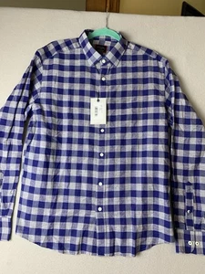 UNTUCKit Camicia Uomo L Blu Grigio Plaid Anderson Bottoni Lino Cotone Tasca - Foto 1 di 10