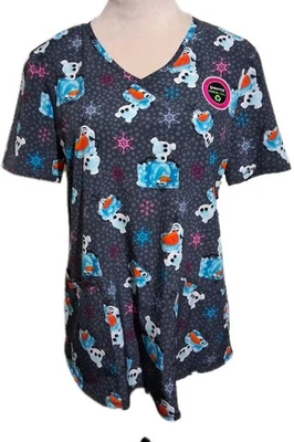 Disney Frozen Olaf Short Sleeve Black Scrub Top Women's SZ Medium Pockets New - Image 1 of 4