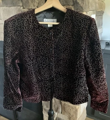 Chaqueta Blazer Vintage Norton Mcnaughton Borgoña Terciopelo Dorado Brillo Talla 14 Foto 1 de 4
