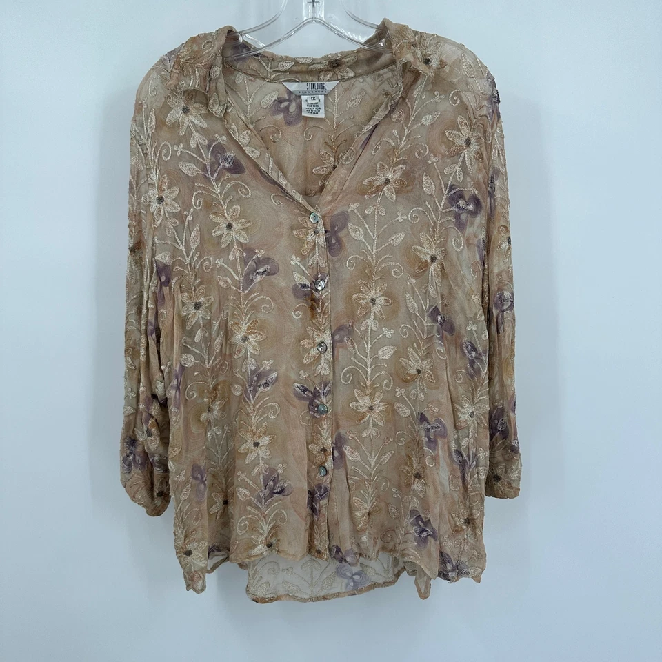 Blusa feminina Stonebridge tamanho 1X pura bordada mistura de seda Cottagecore boho - Imagem 1 de 4