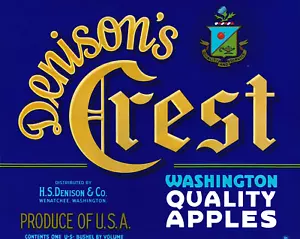 ETICHETTA ORIGINALE VINTAGE CASSA FRUTTA, MELE DI MARCA DENISON'S CREST, WENATCHEE, WA - Foto 1 di 1
