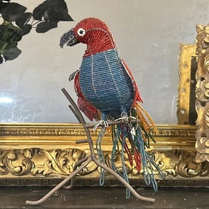 Vintage Beadworx Metal Wire Decorative Parrot On Stand- Beautiful Colorful - Picture 1 of 6
