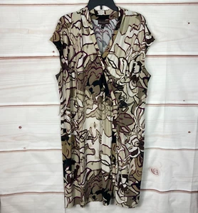 Dana Buchman Dress Womens 2X Cap Sleeve Faux Wrap V-Neck Knit Shift Brown Print - Picture 1 of 9