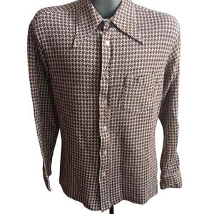 Large Vintage 1970s Brown/White Houndstooth Long Sleeve Button-Up Shirt Men's - Picture 1 of 10