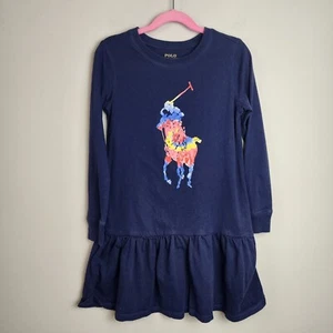 Polo Ralph Lauren girls sz 7 blue long sleeve dress Pony logo - Picture 1 of 11