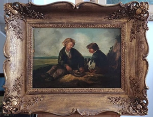 Antique 19thC oil painting on wood panel landscape with two boys and dog, framed - Picture 1 of 9
