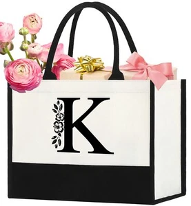 Initial Canvas Tote Bag Monogrammed Gift for Birthday Bridal Shower Wedding - Picture 1 of 7