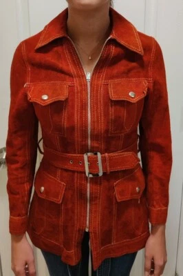 Винтажный кожаный Bleted куртка сожжен оранжевый Umber 60-х 70-х замши чувствовать маленький - Изображение 1 из 4
