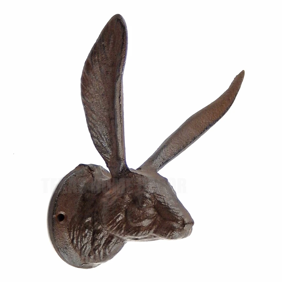 Large Rabbit Bunny Ears Wall Hook Cast Iron Hare Towel Coat Hanger Rustic Brown - Image 1 of 4