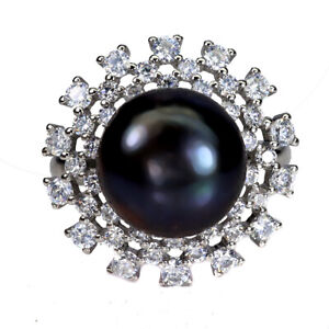 Natural Round Pearl 11mm Simulated Cz 925 Sterling Silver Ring Size 6.5