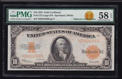 US 1922 $10 Gold Certificate FR 1173 PMG 58 EPQ Ch AU (390) - Image 1 of 2