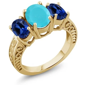 3.50 Ct Green Turquoise Blue Created Sapphire 18K Yellow Gold Plated Silver Ring - Picture 1 of 3