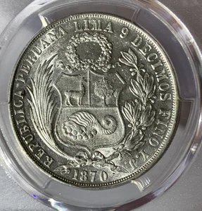 MONETA ARGENTO 1870 YH PERU' 1 SOL PCGS AU55 - Foto 1 di 4