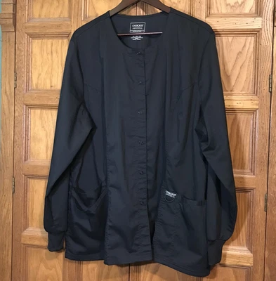 Cherokee Workwear Scrub Jacket Women's 2X Black Long Sleeved Snap Front Top - Image 1 of 4