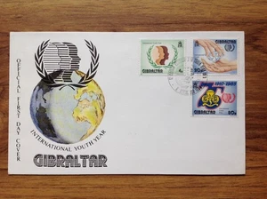 GB - GIBRALTAR 1985 International Youth Year/UNOAC/Girl Guides SG 526-528 FDC - Picture 1 of 3