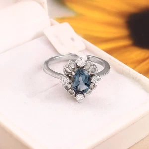 London Blue Topaz Oval Ring with Diamond Accents – Sterling Silver Vintage Style - Picture 1 of 7