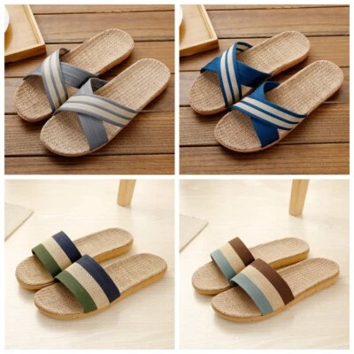 Uomini Pantofole Piatte In Lino A Righe Antiscivolo Per Casa Interna Spiaggia Foto 1 de 4