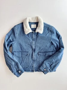 Girls' ZARA Blue Denim Faux Shearling Trim Cropped Barn Coat Jacket, Size 13-14 - Picture 1 of 12