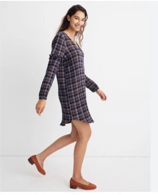 MADEWELL cotton gauze plaid ruffle V-Neck Shirt Dress Women's XS — 第 1/4 张图片