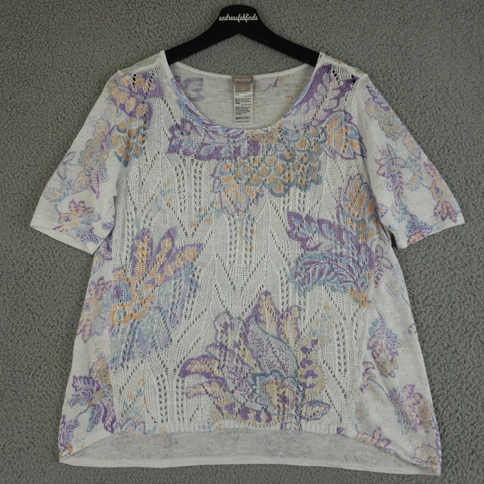 Suéter Chicos Mujer 1 EE. UU. Mediano Blanco Púrpura Floral Punto Pointelle Lino Foto 1 de 4
