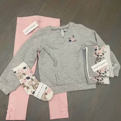 NUEVO CON ETIQUETAS Janie and Jack Niña 4 Piezas INVIERNO Gris Flor Sudadera Calcetines Bufanda SET 3T Foto 1 de 4