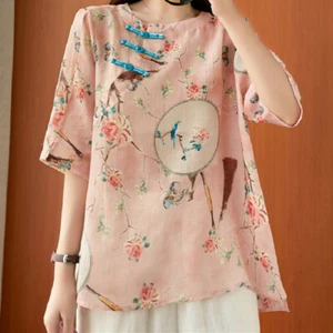Dama Blusa de Algodón Top Mangas Cortas Étnica Floral Informal Suelta Retro De Colección Nueva - Imagen 1 de 10