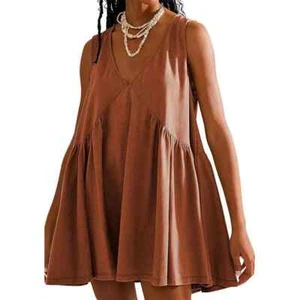 Womens Summer Sleeveless Mini Dress Casual Loose V Neck Sundress With Pockets S - Picture 1 of 5