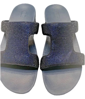 FIT FLOPS LULU GLITZY NAVY SHIMMER SLIP ON SLIDES SANDALS WOMENS SIZE 9/41 - Image 1 of 4