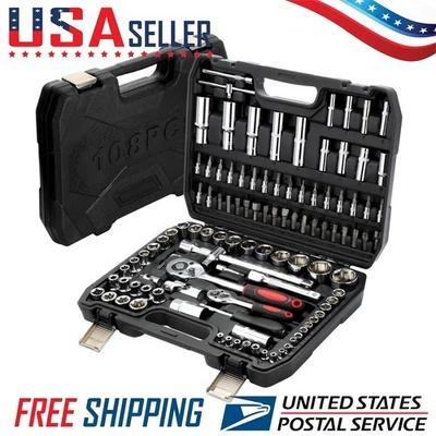 GEARZAAR 108Pcs Mechanics Tool Set Kit 6-Point Socket Ratchet Wrench Set Repair Tool Case