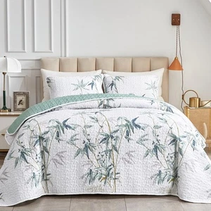 Botanical Quilt Set 3 Pieces Full/Queen Size, Green Leaves Printed on White R... - Picture 1 of 7