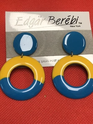 VTG EDGAR BEREBI RARE ENAMEL ON COPPER BLUE YELLOW DANGLE STUD EARRINGS NOS - Image 1 of 4