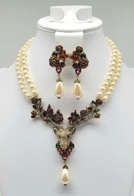 Heidi Daus "可爱鹿" 施华洛世奇水晶和珍珠项链耳环套装 全新带盒 — 第 1/4 张图片