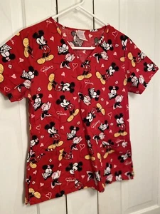 Disney Mickey Minnie Mouse Women's Scrub Top Size Small Short Sleeve - Picture 1 of 9