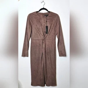 Vestido Donna Karan Twist Frontal Marrón Imitación Gamuza Manga Larga Mujer 6 Oficina NUEVO - Imagen 1 de 6