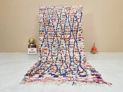 Moroccan Handmade Vintage Boucherouite Rug 4x8 Berber Geometric Blue Cotton Rug - Image 1 of 4