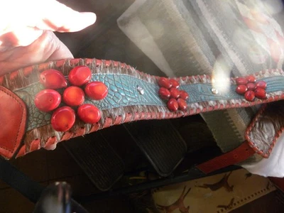 NUEVO CON ETIQUETAS CINTURÓN KURTMEN TURQUESA ROJO WHIPSTITCH CORAL 2-1/2" XS 30" A 32" Foto 1 de 4