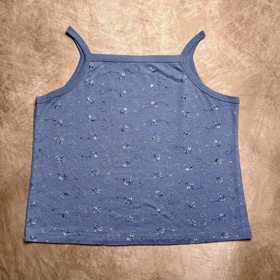 Vintage 90s Xhilaration Floral Embroidered Tank Top Blue Square Neck Sleeveless - Image 1 of 4