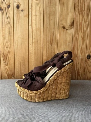 Prada Bow Tie Ankle Strap Wedge Espadrille Sandals Straw Platform Size 37 US 7 - Image 1 of 4